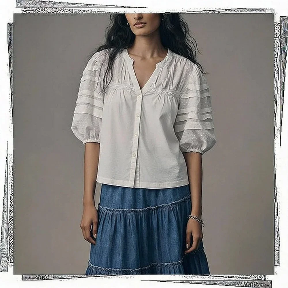 NWT: White Puff Sleeve Swiss Dot Cotton Blouse w Lace (M)